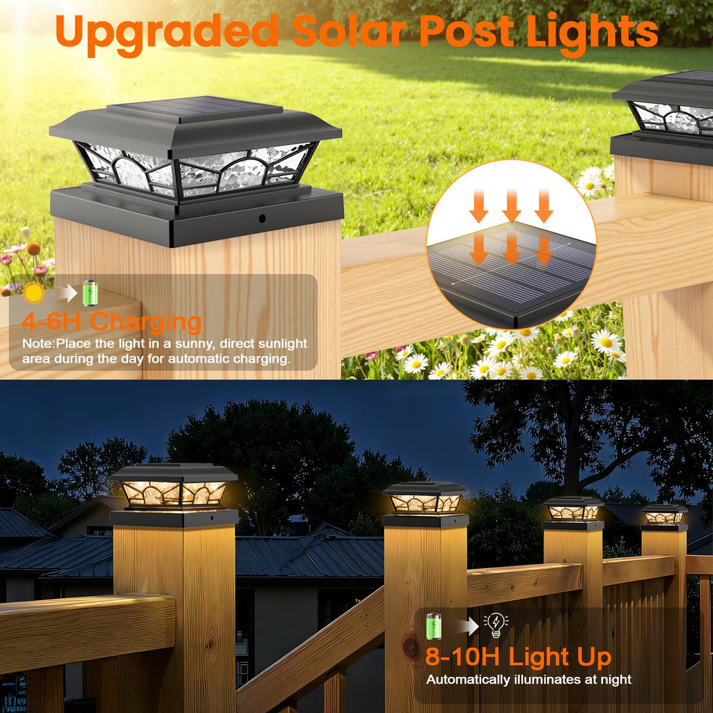 Brightever 4x4 3.5x3.5 Solar Post Cap Lights, 8-Pack Solar Powered Fence Post Light Outdoor Waterproof for Vinyl/Wooden Post, 2 Modes(Warm/Cool Light), Black Solar Deck Post Lights for Patio, Porch