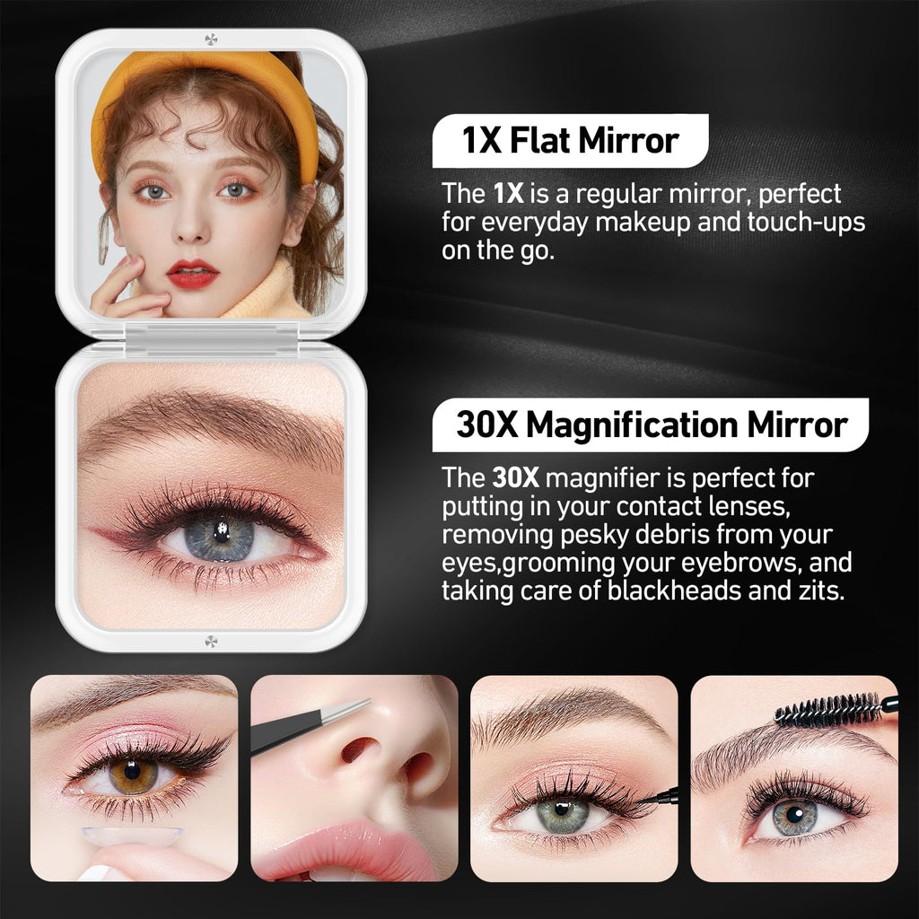 PIMPLEGO Compact 30X Magnifying Square Travel Mirror, 3.3x3.3 Inch Small Pocket, 2-Sided Women's Magnetic Portable With Precision Tweezers, Black