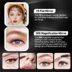 PIMPLEGO Compact 30X Magnifying Square Travel Mirror, 3.3x3.3 Inch Small Pocket, 2-Sided Women's Magnetic Portable With Precision Tweezers, Black