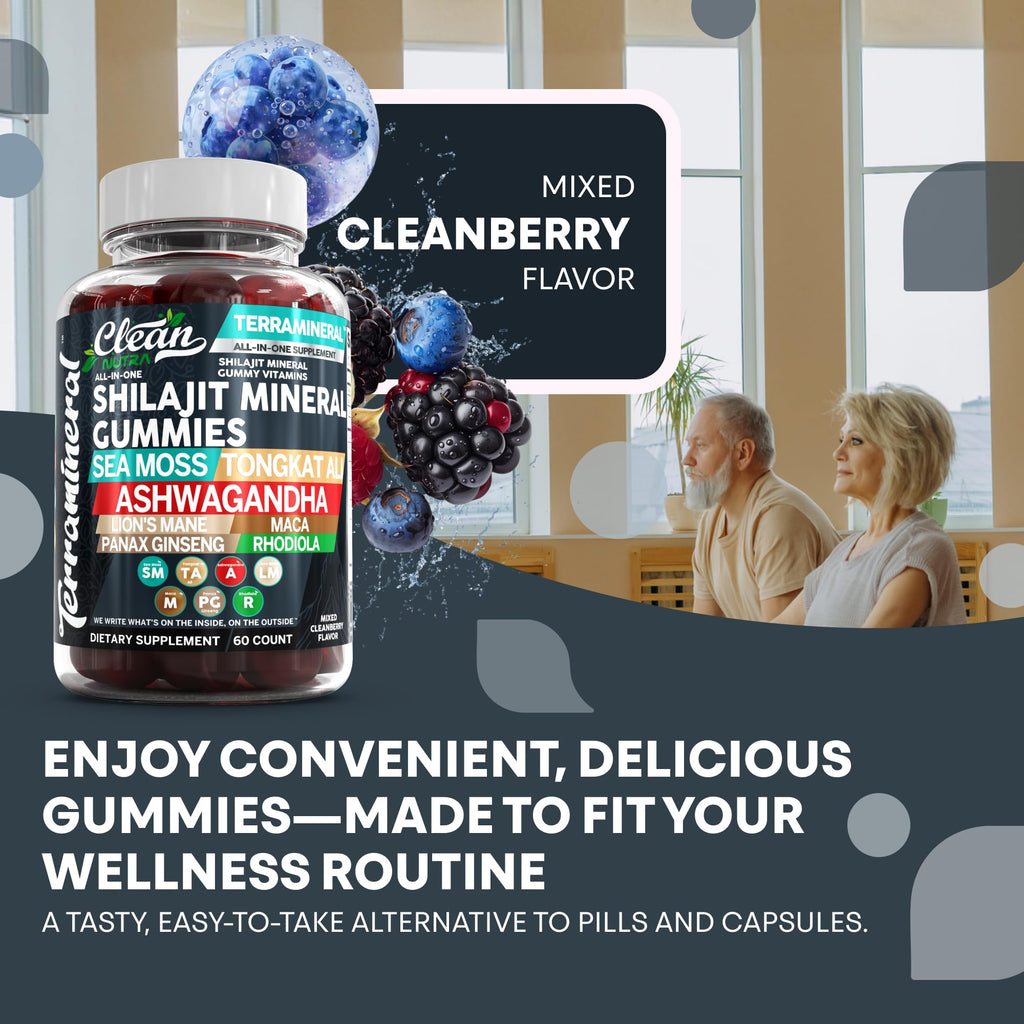 Terramineral Shilajit Gummies with Irish Sea Moss Tongkat Ali Ashwagandha Lion's Mane MACA Panax Ginseng Rhodiola & Cordyceps by Clean Nutra (1)