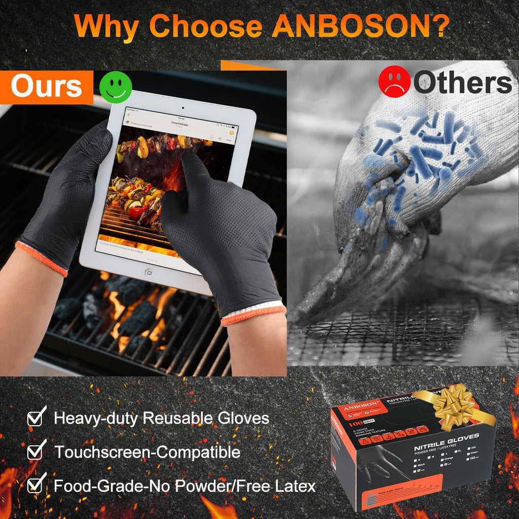 ANBOSON BBQ Gloves for Cooking Baking Grilling, 100 Count Disposable Nitrile Gloves and 4 Count Cotton Glove Liners Washable (10mil Nitrile, X-Large)