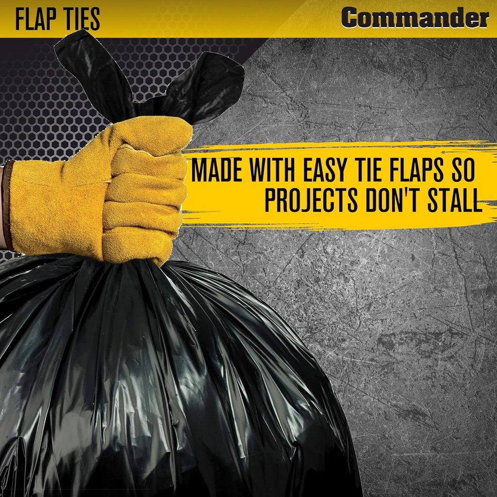 Commander 55 Gallon 3 MIL (eq) Heavy Duty Contractor Bags with Flap Ties - 36" x 56" with flaps - For Contractor,Industrial,& Outdoor,(Pack of 20)