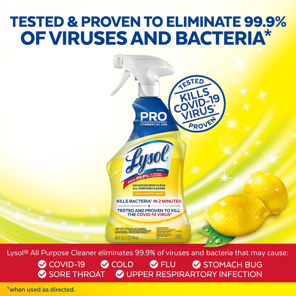 Lysol Pro All-Purpose Cleaner - Advanced Deep Cleaning Sanitizing and Disinfecting Spray - Lemon Breeze Scent - 32 oz Bottle (946 ml) - Pack of 12 - Commercial Use for Hotels, Facilities, Offices