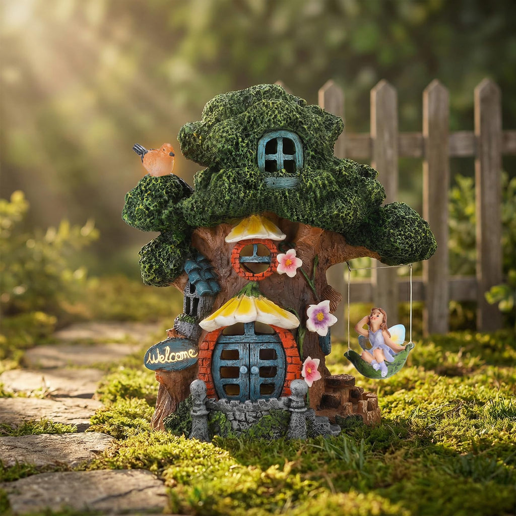 Fairy Garden House, Solar Fairy Houses for Outside, Tree Stump Cottage