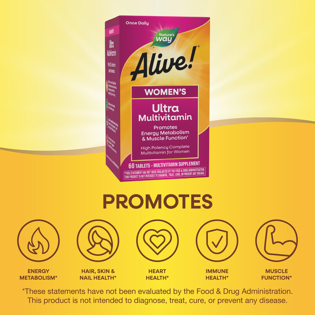 Nature's Way Alive! Ultra Multivitamin for Women, Complete Daily Women's Vitamins, High Potency Formula, Promotes Energy Metabolism and Muscle Function*, Vitamin A, C, D, Methylated B12, 60 Tablets