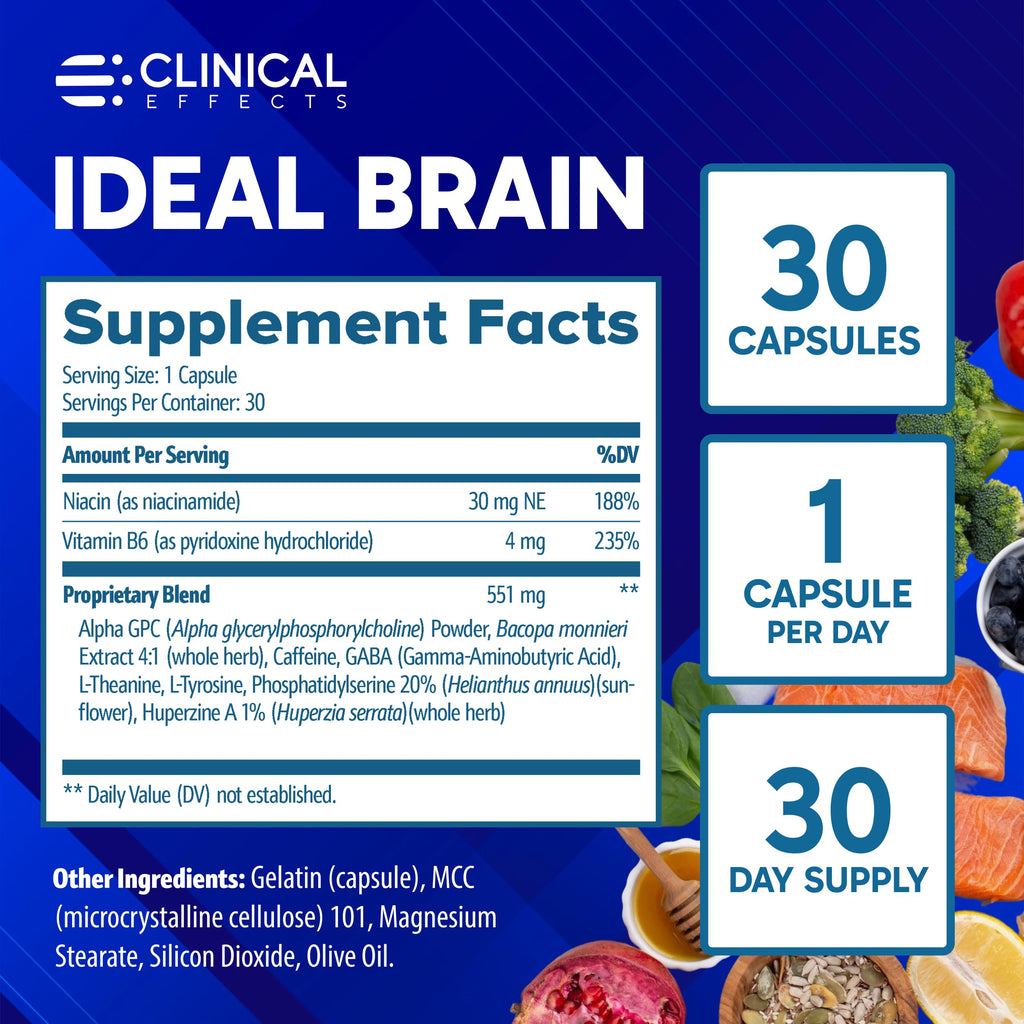 Clinical Effects Ideal Brain - Dietary Supplement for Nootropic Focus and Memory Support - 30 Capsules - B Vitamins, GABA, Alpha-GPC - Helps Support Mental Focus, and Optimal Brain Function