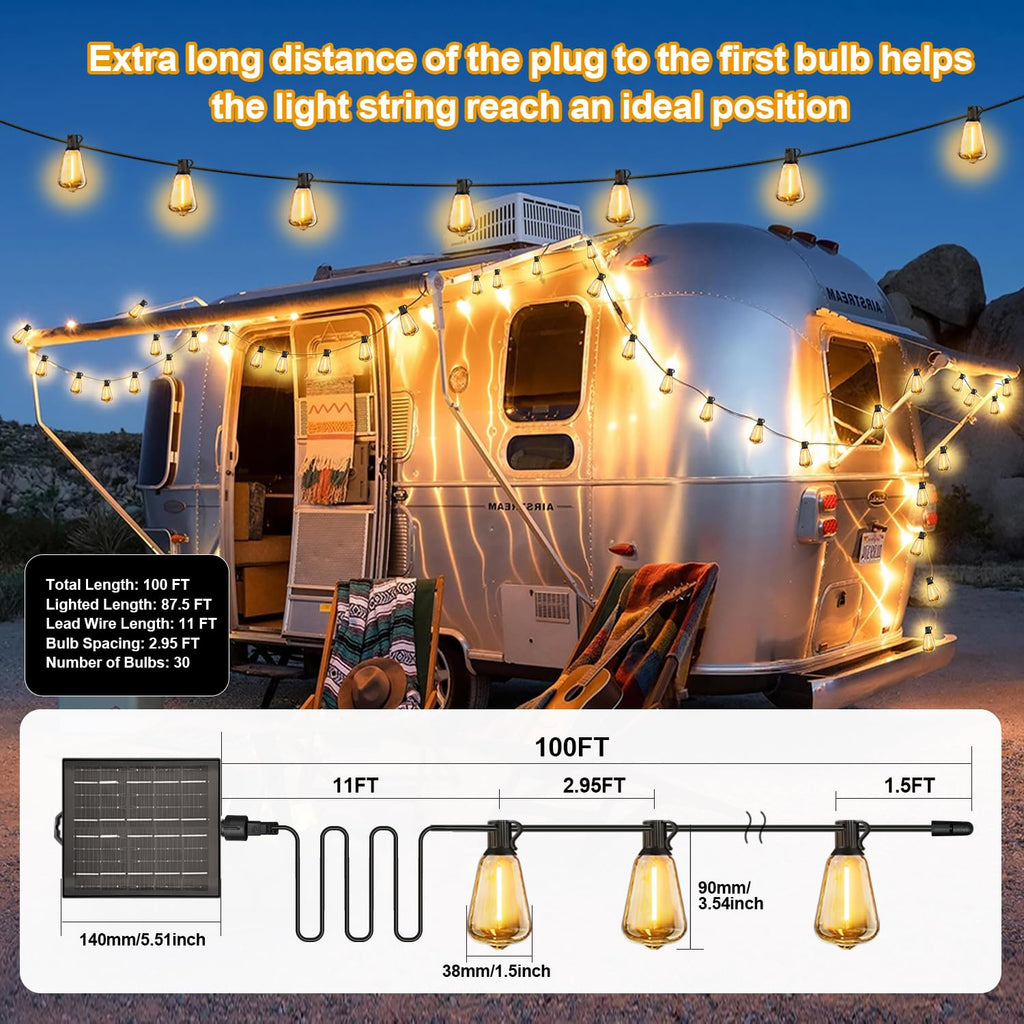 100FT Solar String Lights Outdoor Waterproof with Remote & Timer, LED Shatterproof ST38 Bulbs, USB & Solar Powered Patio Lights for Backyard, Porch, Garden, Wedding Decor, Dusk to Dawn Lighting