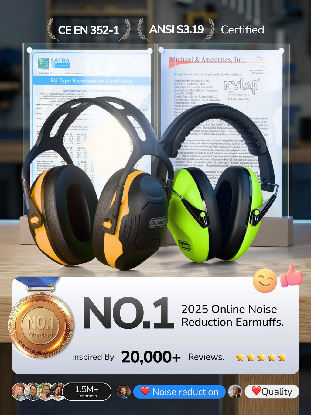 Dr.meter Noise Reduction Ear Muffs, Ear Protection Noise Cancelling Headphones for Adults, Kids Autism Sensory, NRR28dB Hearing Protection Earmuffs for Mowing, Range, Concerts, Monster Jam