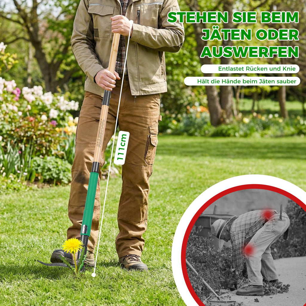 Allsetool Weed Puller Tool with 2 Weed Eject Feature, 43.7in Stand Up Dandelion Remover Tool, Real Bamboo Handle and Metal 4 Claw & Foot Pedal, Heavy Duty Garden Weeder