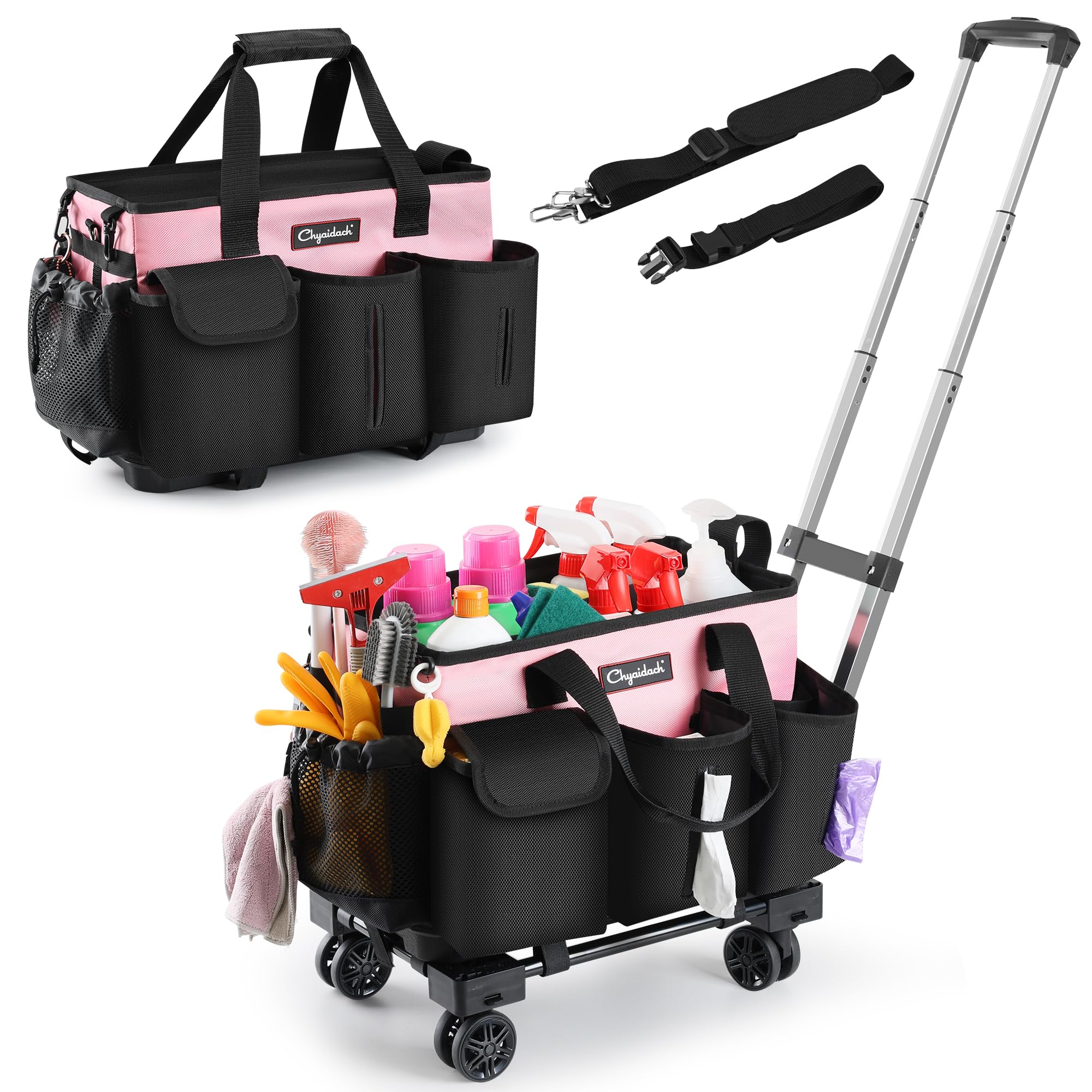 Chyaidach Rolling Cleaning Caddy, Cleaning Supplies Organizer with Trolley, Wearable Cleaning Tote Bag on Wheels with Hard Bottom, Cleaning Carts for Housekeepers/Home/Car/Office/Picnic (Pink)