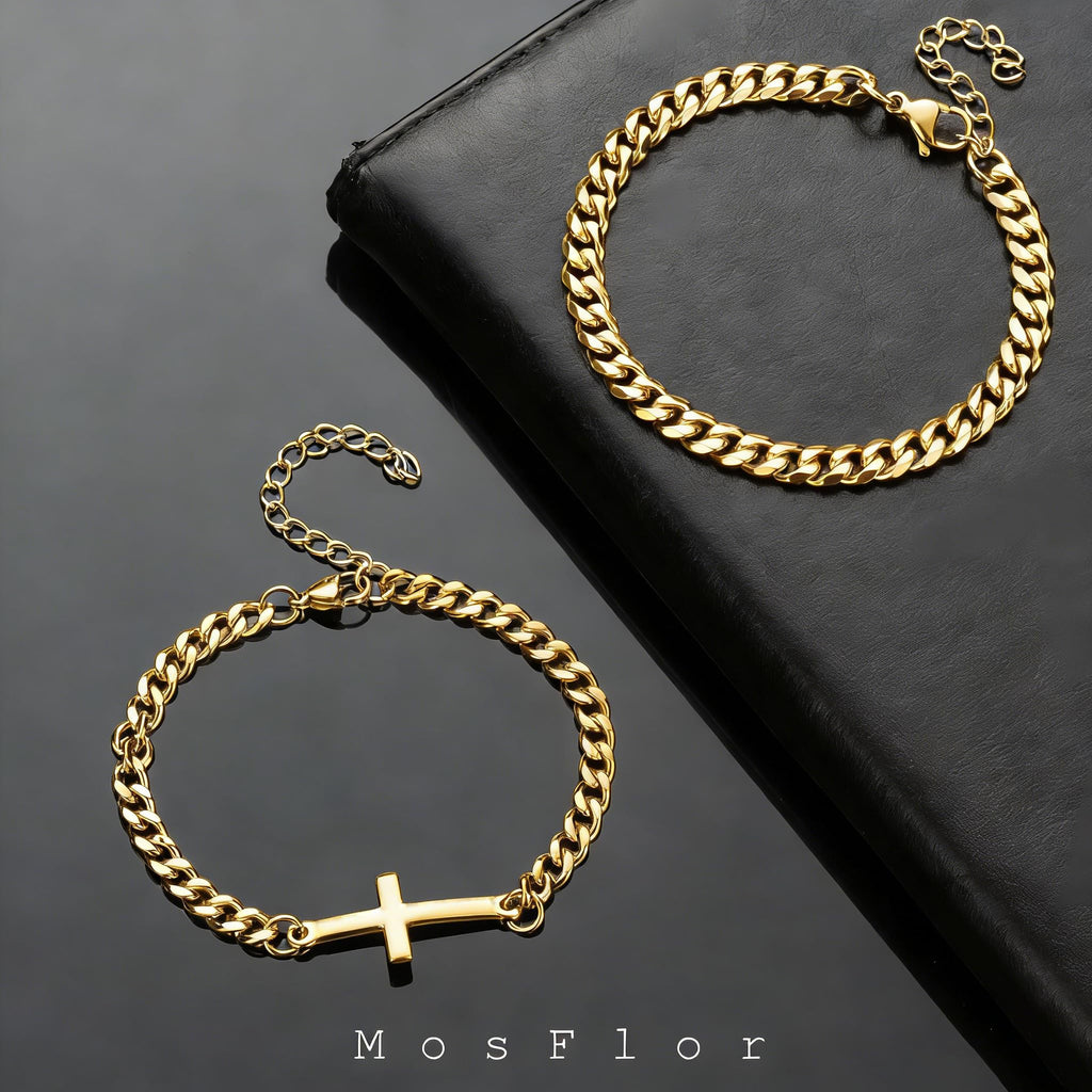 MosFlor Gold Cross Bracelets for Men, Mens Gold Bracelet Set Stainless Steel Cuban Link Chain Bracelets Stack Gold Jewelry Men's Accessories Gifts for Men Dad Him Husband Son Boyfriend