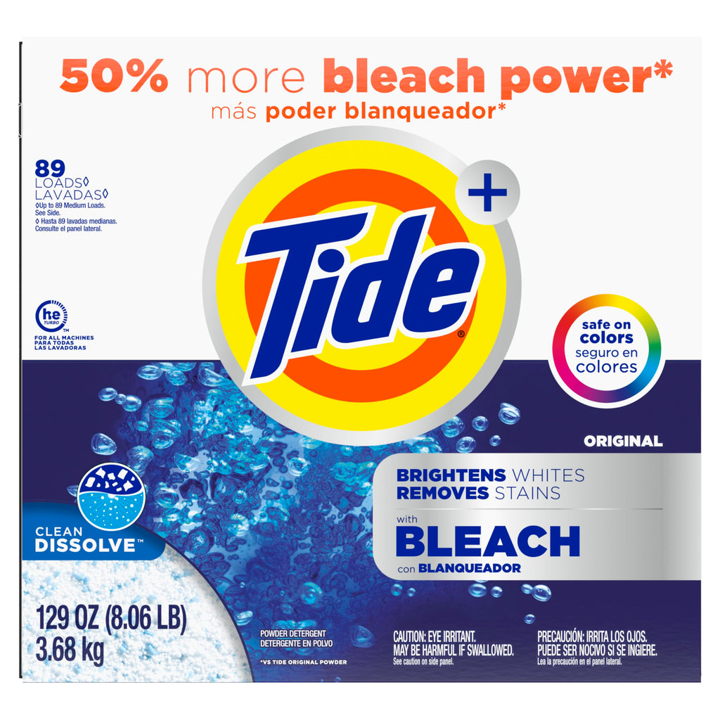 Tide Powder Laundry Detergent with Bleach, Original Scent, 89 Loads, 129 oz