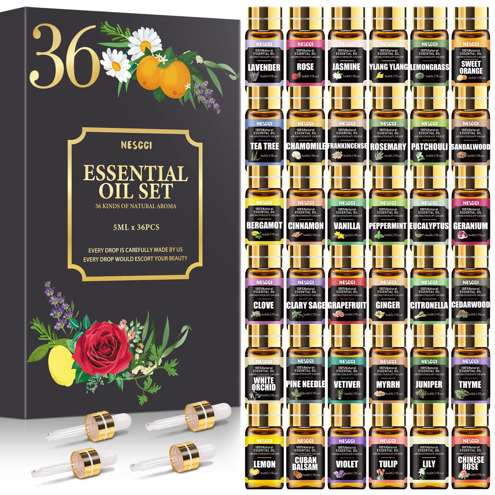 NESCCI Essential Oil Set - Essential Oils 36 x 5ML - Essential Oils Gift Set for Diffuser, Humidifier, Soap, Candle, Bath Bombs Making, Halloween, Christmas