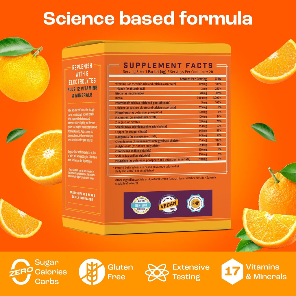 KEY NUTRIENTS Electrolytes Powder Packets - Tangy Orange 40 Pack Hydration Packets - Travel Hydration Powder - No Sugar, No Calories, Gluten Free - Made in USA