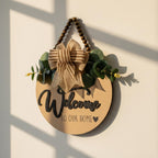 Condorpasea 3D Welcome Sign for Front Door | Home/Farmhouse Porch Décor Wooden Hanging Sign with Artificial Leaves and Rustic Beads | Christmas Classroom |12" Round