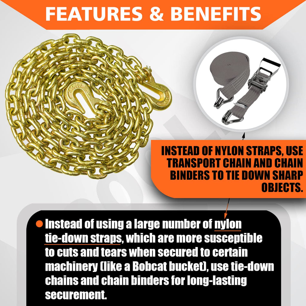 YATOINTO G80 Transport Binder Chain 5/16 Inch x 10 Foot Safety/Binder Chain with Clevis Grab Hooks 4,900 lbs Safe Working Load Logging Chain for Transporting Towing Tie Down Binding Equipment