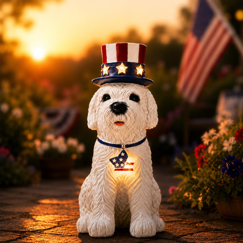 Nacome Solar Dog Garden Statue: American Flag Figurine for Patriotic Outdoor Lawn Porch Patio Yard Decorations - Gifts for Mom Grandma Women