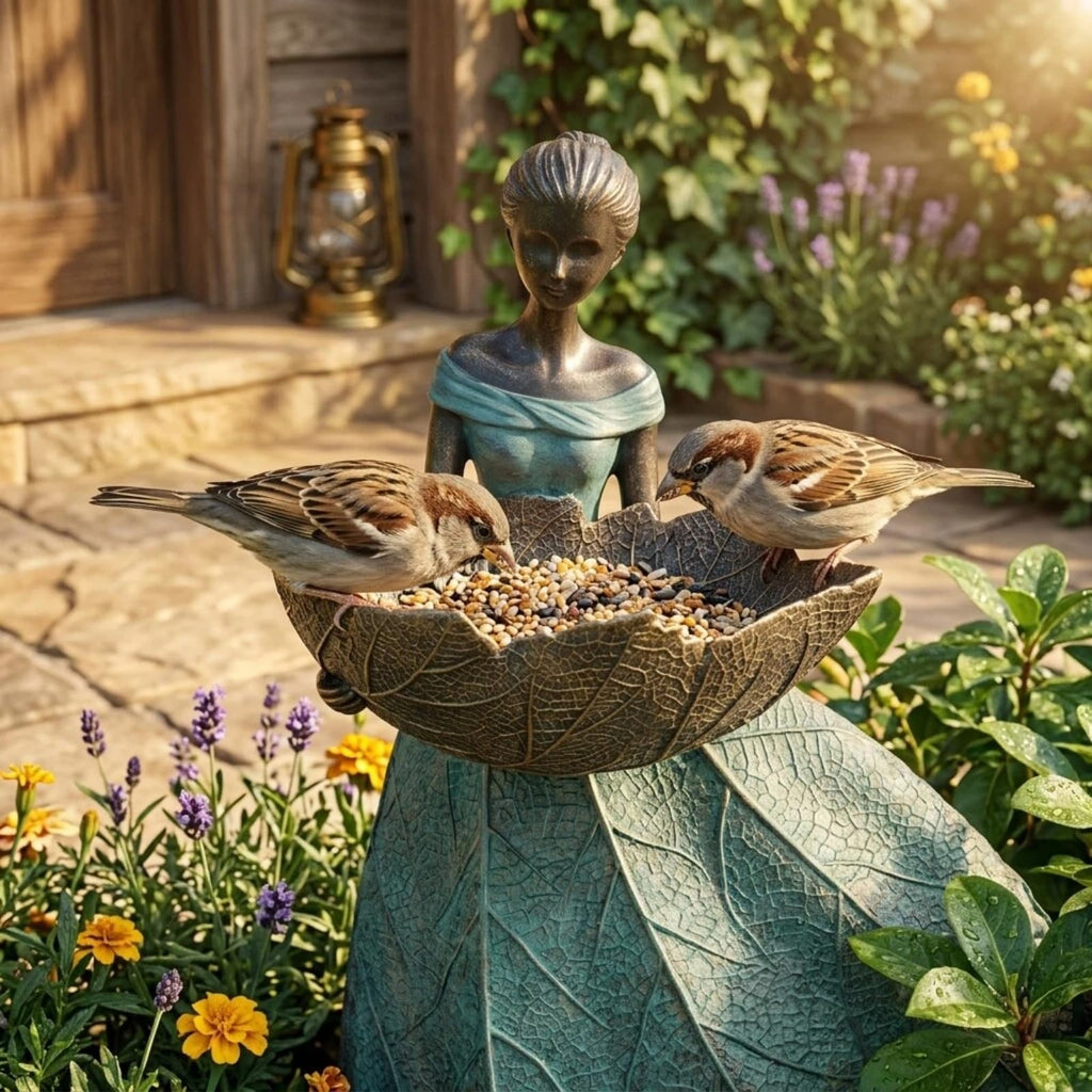 DiliComing Fairy Garden Statues Bird Feeder - 12 Inch Outdoor Fairy Statue