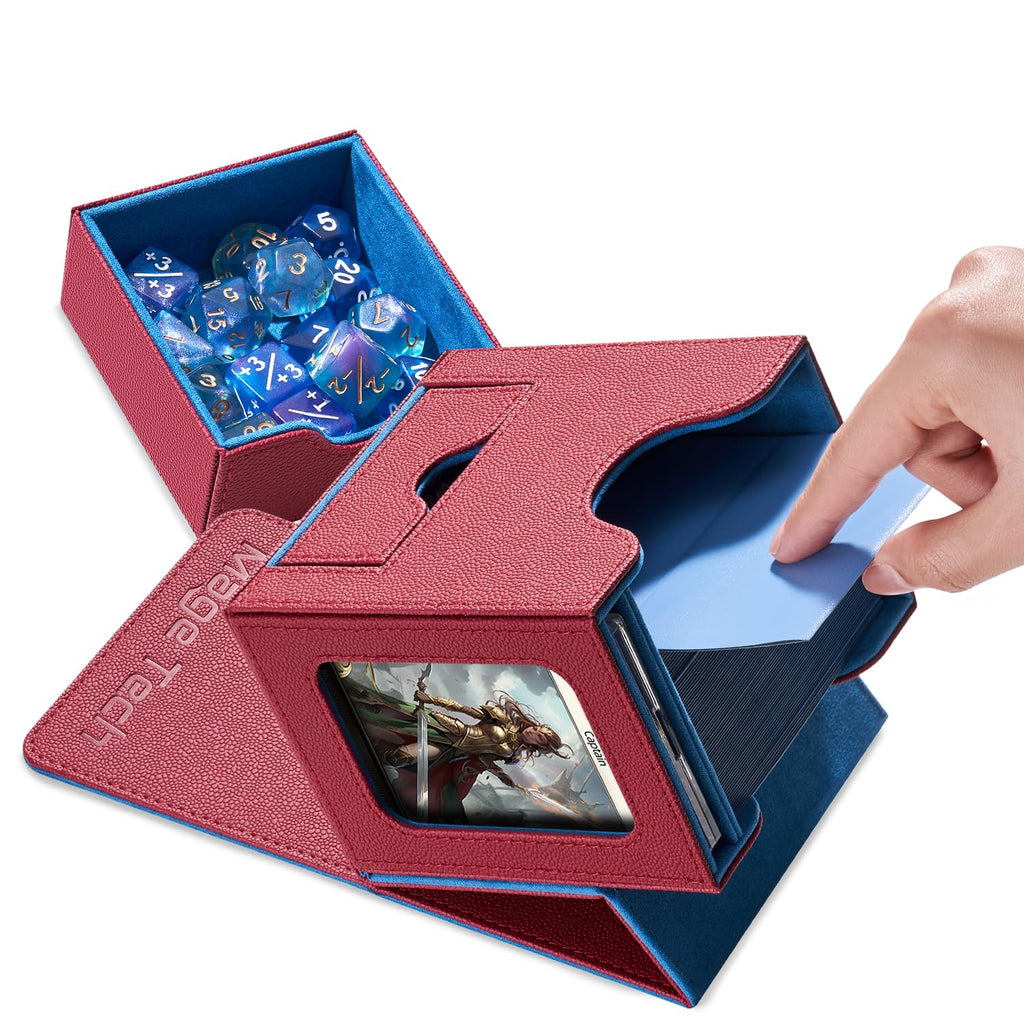 Mage Tech Card Deck Box for MTG Commander - Patented Design, Commander Display, Fits 100 Double-Sleeved Cards, 35pt Card Brick & Dice Tray - Red/Blue