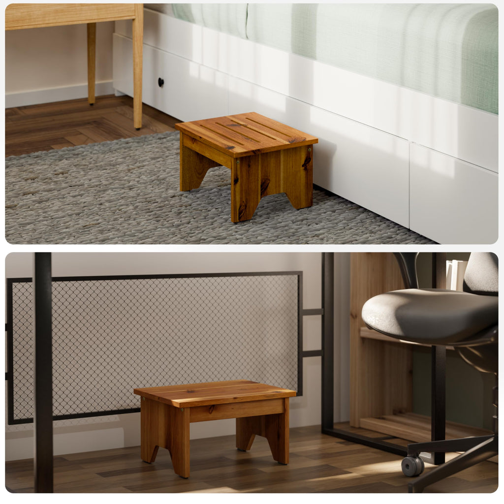 Holana 9" Acacia Wood One Step Stool for Adults - 300 Lbs Wooden Step Stools Heavy Duty for High Bed Riser, Bathroom, Bedroom - Small Stepping Stool for Elderly, Seniors, Kids, Handicap Use Indoor