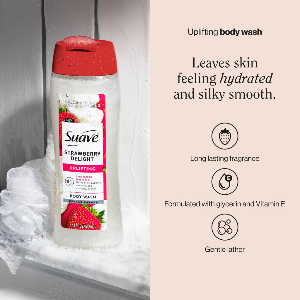 Suave Strawberry Delight Uplifting Body Wash, Formulated with Glycerin and Vitamin E for Hydrating and Gently Cleansing Skin, 18 oz, 6 Pack