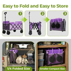 Aimnny Purple Small Collapsible Wagon Cart, Lightweight Folding Utility Cart with Wheels, 220lbs Capacity Portable Grocery Cart for Sporting Events, Garden, Shopping (Purple)