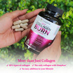 Multi Collagen Burn: Multi-Type Hydrolyzed Protein Peptides with Hyaluronic Acid, Vitamin C, SOD B Dimpless, Types I, II, III, V and X, Caffeine-Free (Unflavored Capsules)