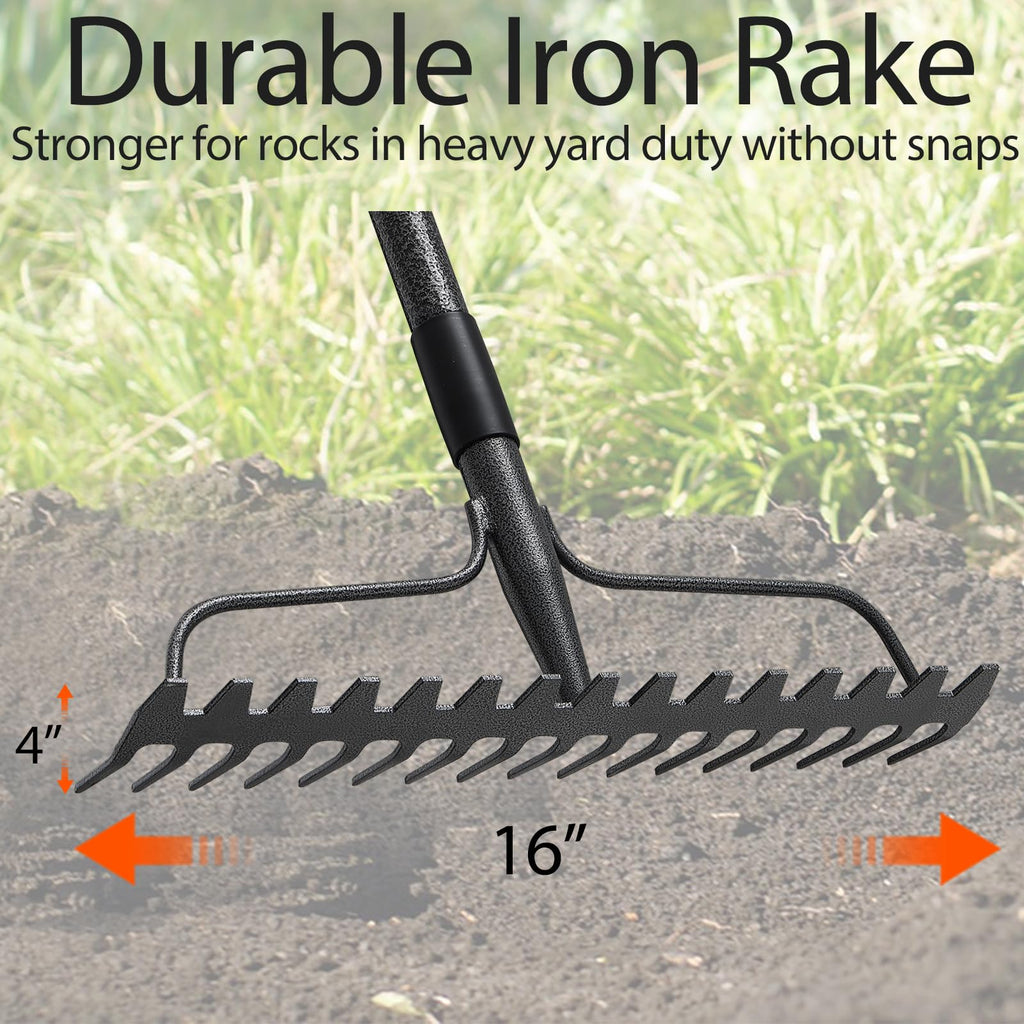 Bow Rake, Detachable Heavy Duty Metal Garden Rake for Loosening Soil, Leveling Lawn, Leaves Cleaning,63 Inch Long Handle Yard Rock Rake for Gardening,17 Prongs Leaf RakeThatch Rake for Lawn