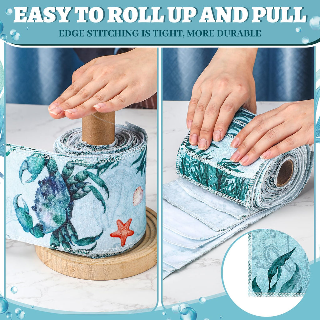 FuWeave 30 Pack Reusable Toilet Paper Washable Soft Bidet Towels Bulk Gifts Paperless Rolls Flannel Cotton 12'' x 4.3" Family Cloth Wipes Bathroom Napkins with Cardboard (Sea)