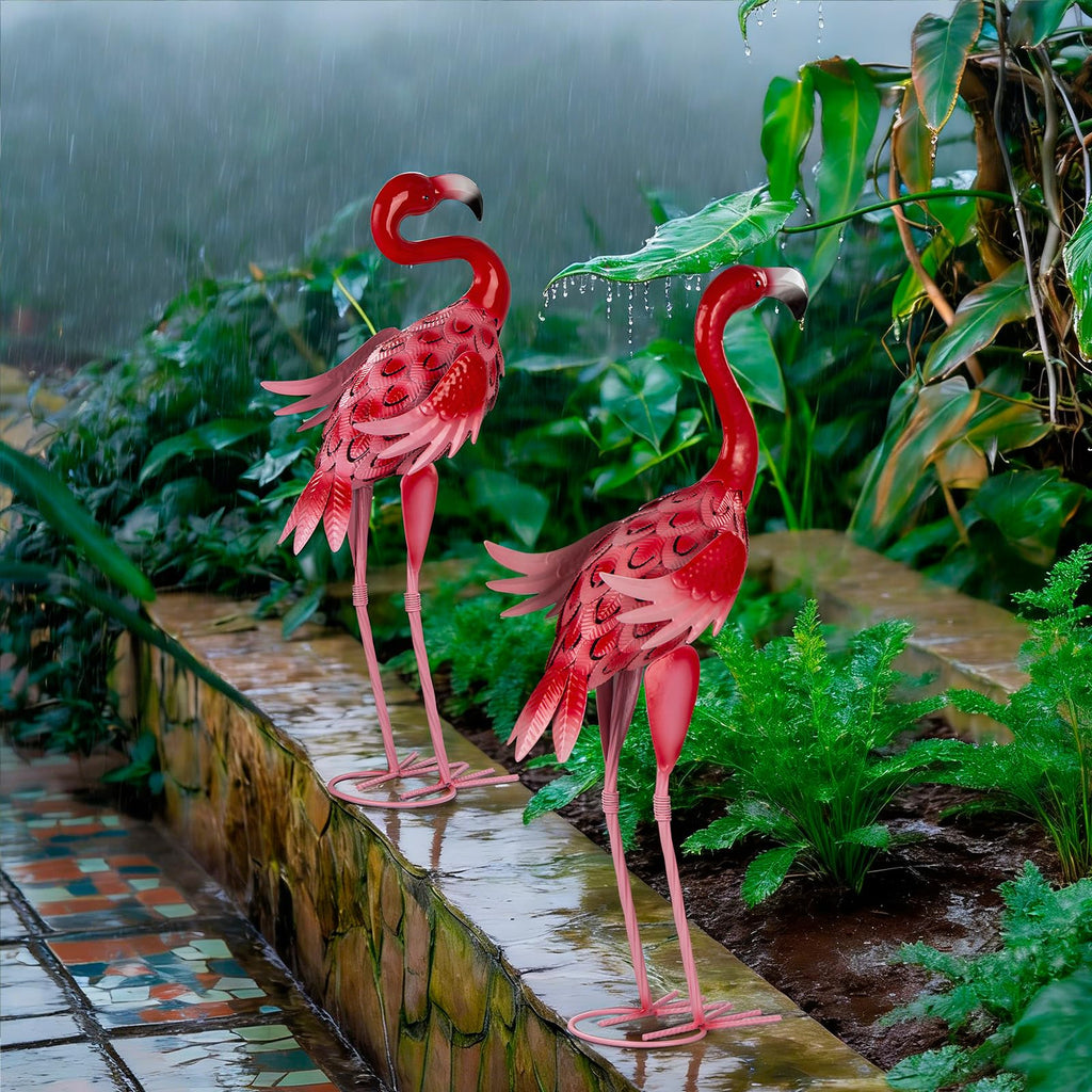 Kukooka 2Pcs Flamingo Garden Statues Metal Pink Flamingos Sculptures for Outdoor Backyard Decor Patio Lawn Porch Yard Decoration (Pink)