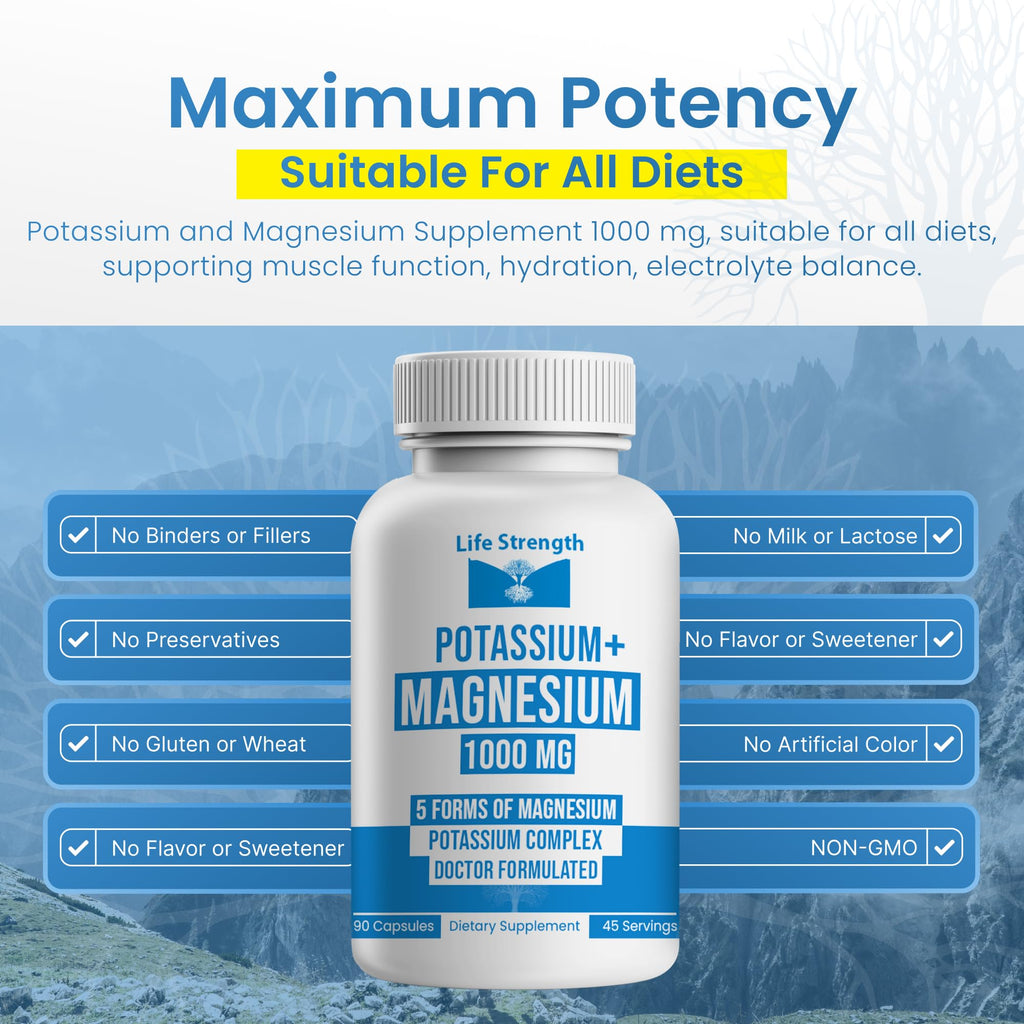 Life Strength, Potassium Magnesium Supplement 1000mg - 90 Capsules – Potassium & Magnesium Complex with Aspartate, Glycinate, Oxide, Gluconate & Citrate – Muscle, Leg & Electrolyte Support