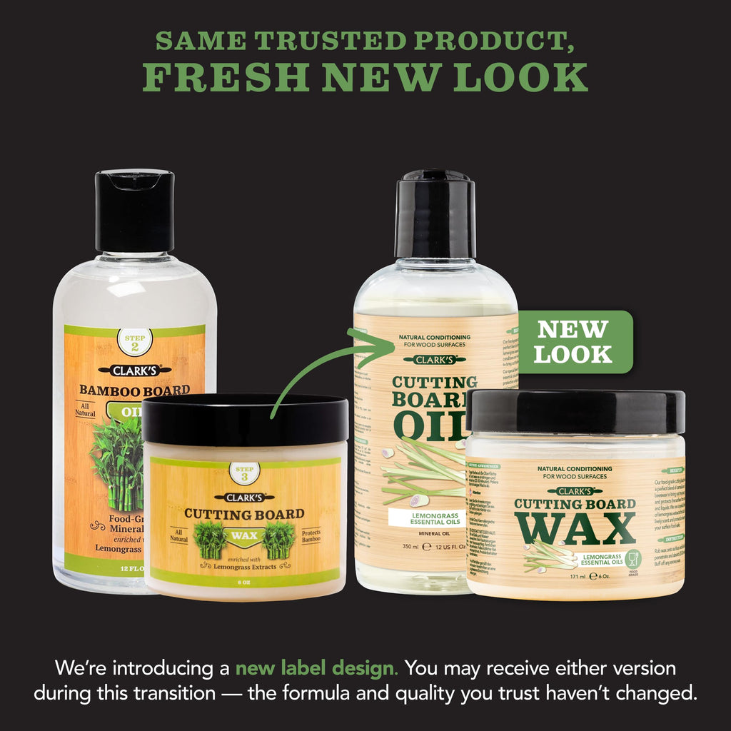 CLARK'S Food Grade Mineral Oil (12oz) and Carnauba Wax (6oz) Set - 100% Natural Butcher Block Oil and Cutting Board Wax - Food Safe Beeswax and Wood Cutting Board Oil with Lemongrass Extract