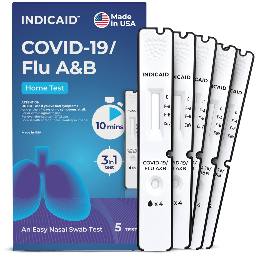 INDICAID COVID-19/Flu A+B 3-in-1 Antigen Test – FDA 510(k)-cleared - Results in 10 Minutes - Made in USA - 5 Tests -Covid Flu Test Combo has 2 more indicators than Covid Tests to guide medication - Easy to Use - FSA/HSA Eligible