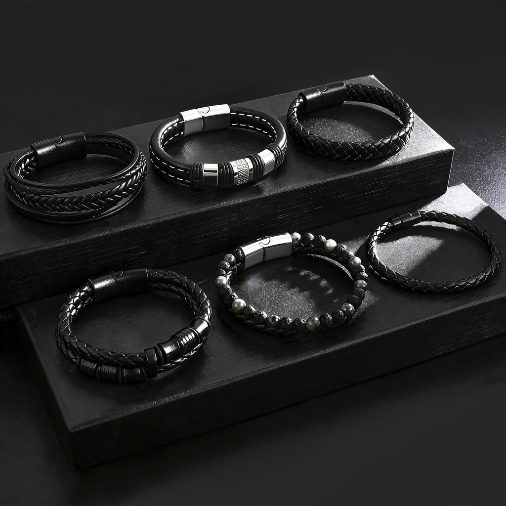 Tiwindx 6 Pcs Leather Bracelet for Men Black Braided Steel Cuff Layered Bracelets Men's Braided Bracelet Set