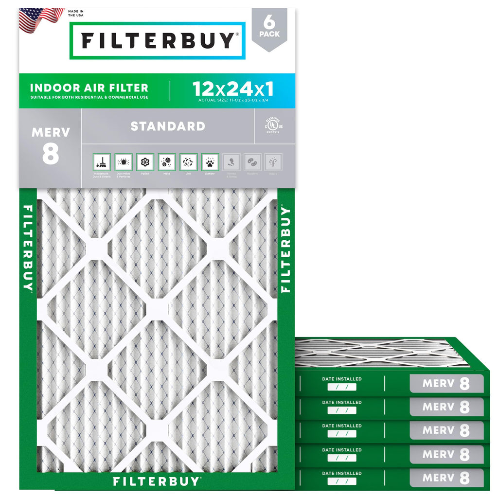Filterbuy 12x24x1 Air Filter MERV 8 Essential Dust & Allergy Defense (6-Pack), Electrostatic Pleated HVAC AC Furnace Filters Replacement, Made in USA (Actual Size: 11.50 x 23.50 x 0.75)