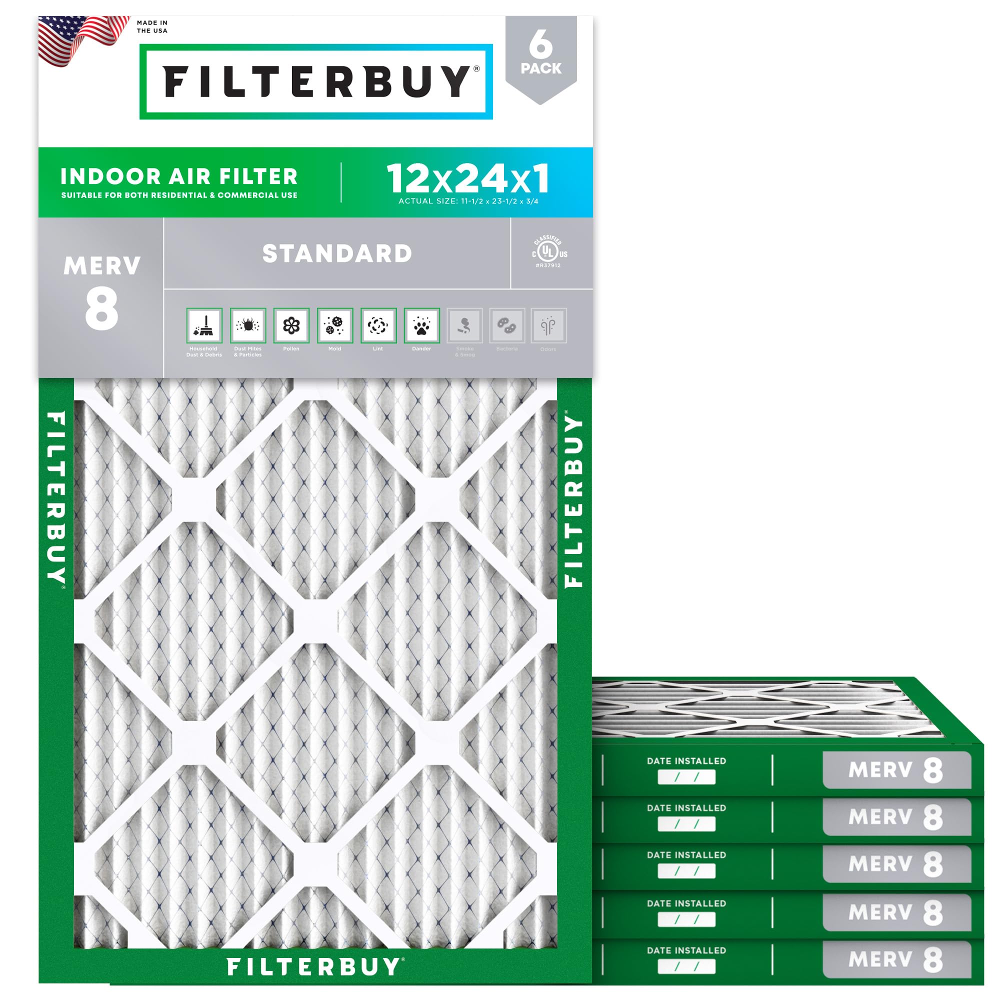 Filterbuy 12x24x1 Air Filter MERV 8 Essential Dust & Allergy Defense (6-Pack), Electrostatic Pleated HVAC AC Furnace Filters Replacement, Made in USA (Actual Size: 11.50 x 23.50 x 0.75)