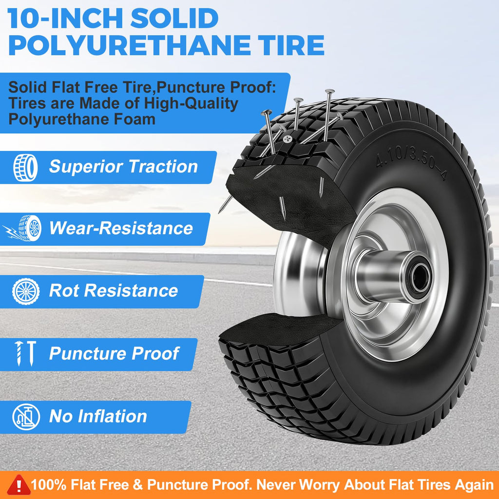 RRQ 4.10/3.50-4 Flat Free Tire and Wheel, 10" Heavy Duty Solid Tire, 2 Pack