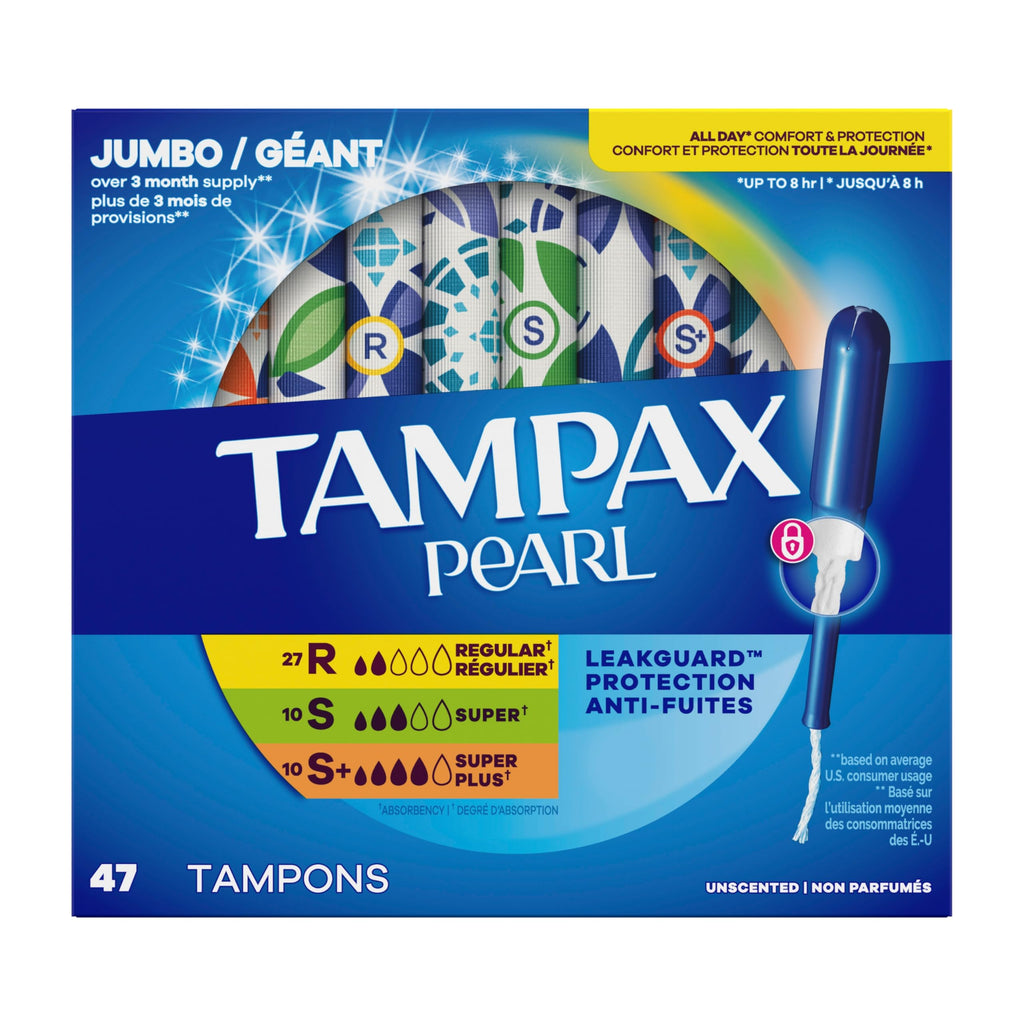 Tampax Pearl Tampons for Women Multipack, with LeakGuard Braid, Regular/Super/Super Plus Absorbency, Unscented, 47 Count