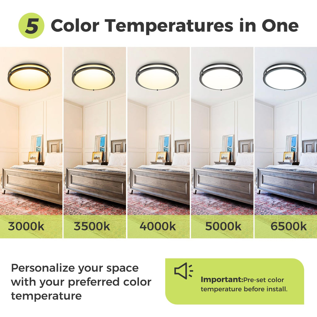 hepside 13inch Flush Mount Ceiling Light Fixture 2 Pack, Dimmable & 5 Color Temperatures Ceiling Light Black, 24W 3000K 3500K 4000K 5000K 6500K Adjustable Ceiling Lamps for Bathroom Bedroom Hallway