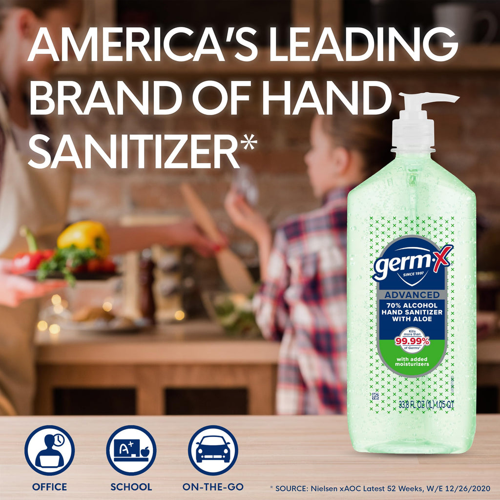 Germ-X Advanced Hand Sanitizer with Aloe and Vitamin E, 1 Liter, Less Drying Moisturizing Gel, No Rinse Formula, Pump Bottle