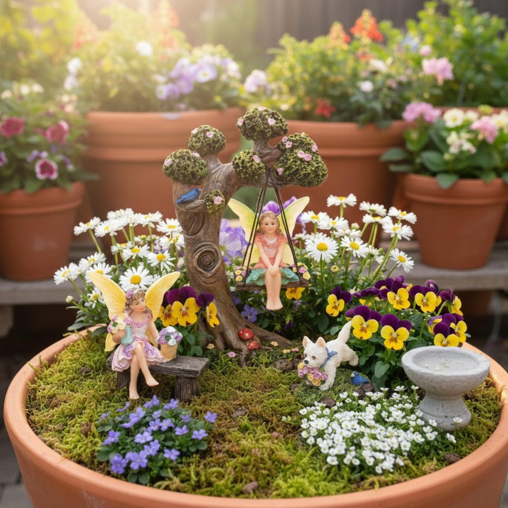 PRETMANNS Fairies for Fairy Garden - 4 Piece Set with Tree Swing