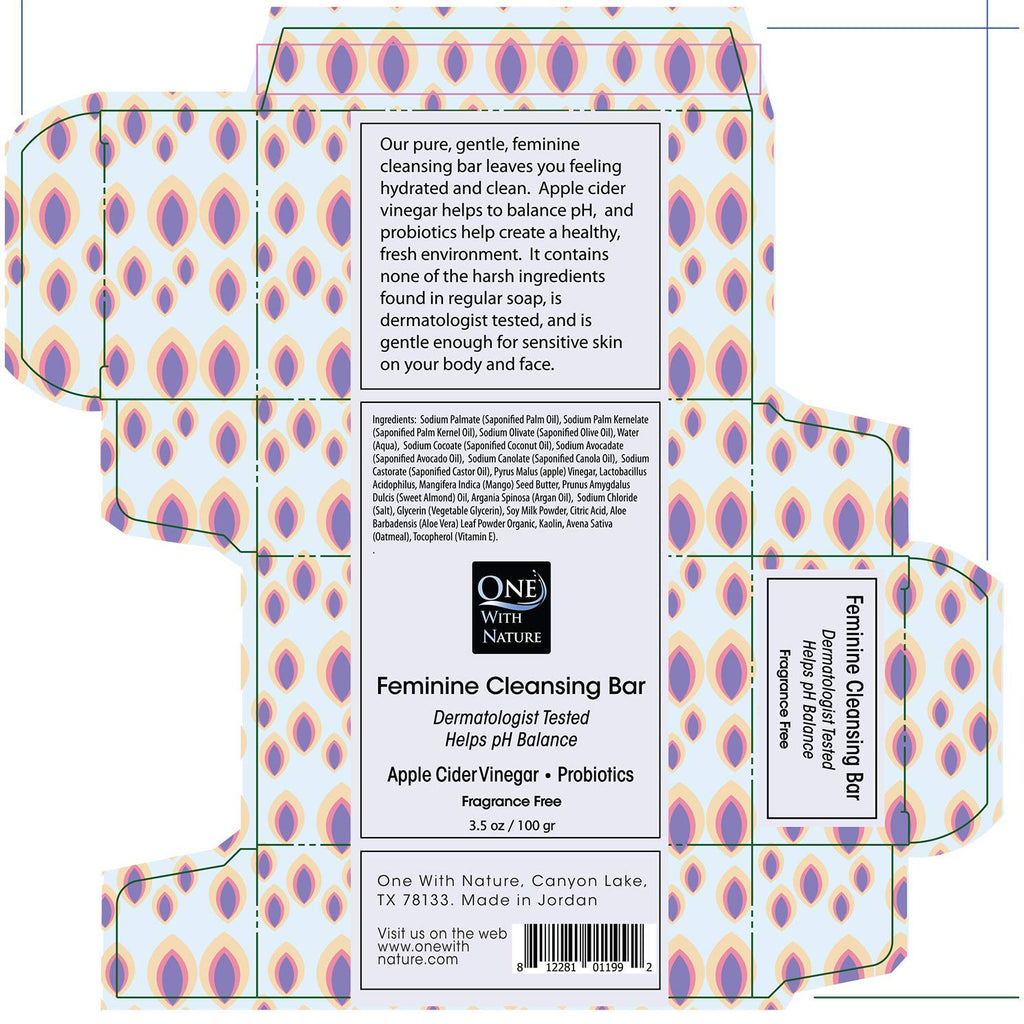 One With Nature Feminine Cleansing Bar 3Pack 3.5oz Fragrance-Free Soap Bar, Dermatologist Tested, Probiotics, Apple Cider Vinegar, Omega Fatty Acids, Oatmeal, Gentle Cleanser for Face, Body