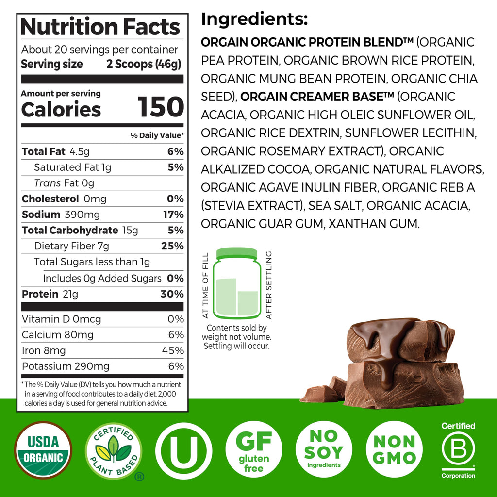 Orgain Organic Vegan Protein Powder, Creamy Chocolate Fudge - 21g Plant Protein, 6g Prebiotic Fiber, Low Net Carb, No Lactose Ingredients, No Added Sugar, Non-GMO, For Shakes & Smoothies, 2.03 lb