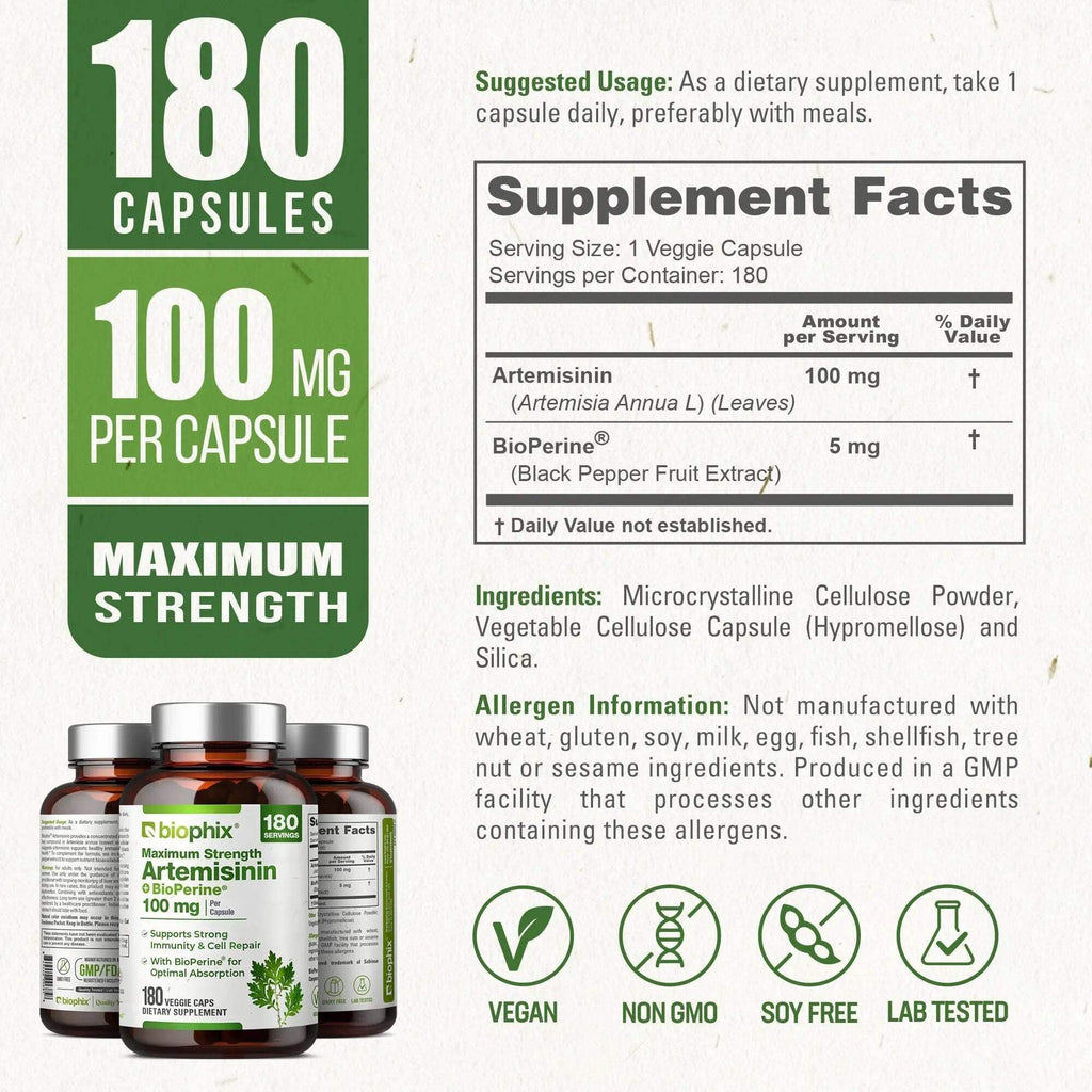 biophix Artemisinin Supplement + BioPerine® 100 mg - 180 Vegan Cap - Maximum Strength Sweet Wormwood Extract - Supports Cellular Health, Antioxidant Balance & Immune Function