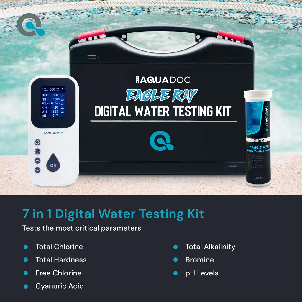 Eagle Ray Digital Spa Water Test Kit by AquaDoc with Digital Water Tester and 30 hot tub Test Strips for Chlorine, Bromine, Total Hardness, Cyanuric Acid, Alkalinity, and pH