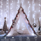 echosari Curtain Lights Battery Operated, 9.8Ft x 9.8ft 300 LED Curtain String Light with Remote Timer 8 Modes Hanging Lights for Wedding Party Home Garden Wall Decor (Cool White)