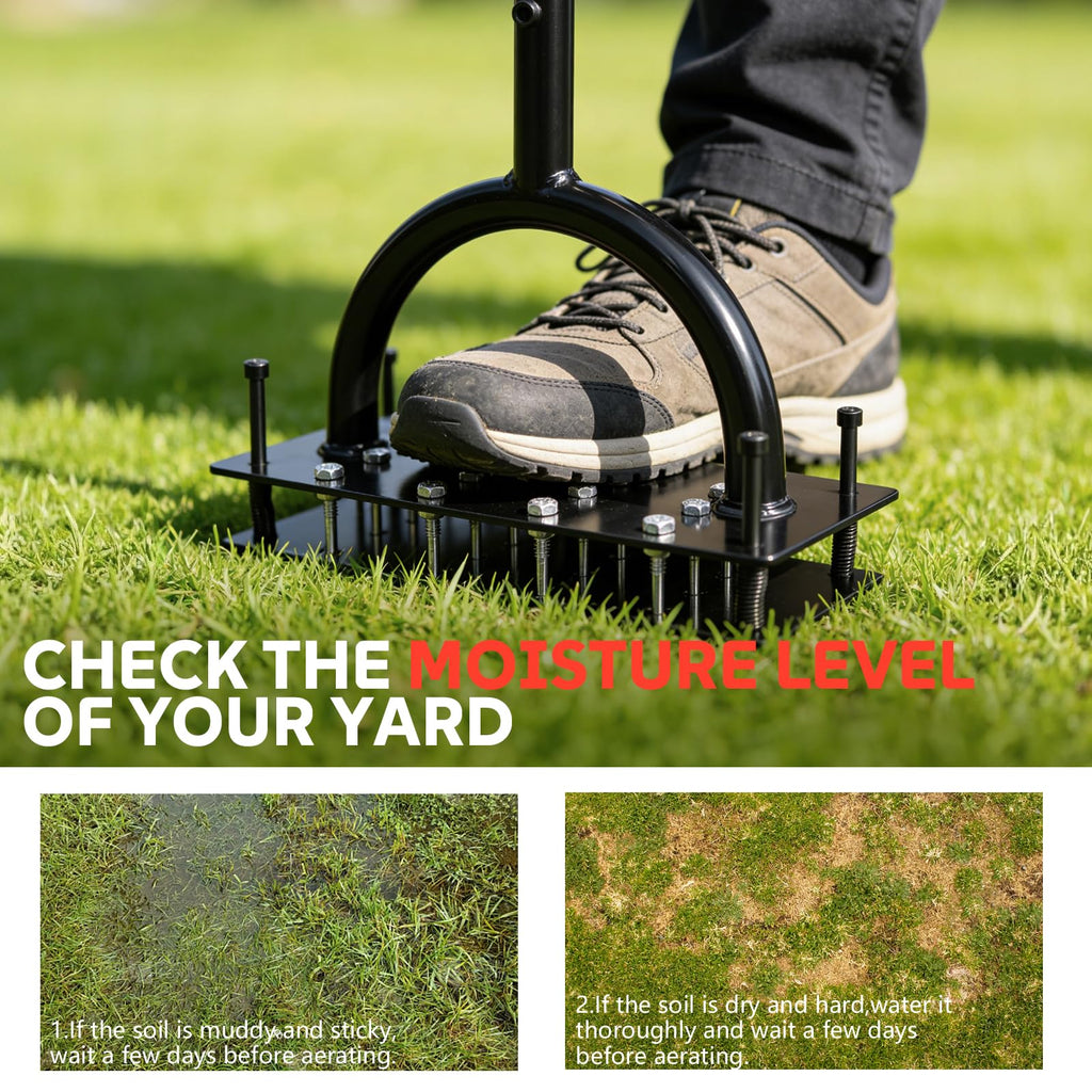 Lawn Aerator Tool, 16 Iron Spikes Manual Grass Aerator Lawn Tool with Spring-Loaded Design & Adjustable T-Handle, Automatic Leaf and Dirt Cleaning Yard Aerator for Loosening Soil Aerating Patio Garden