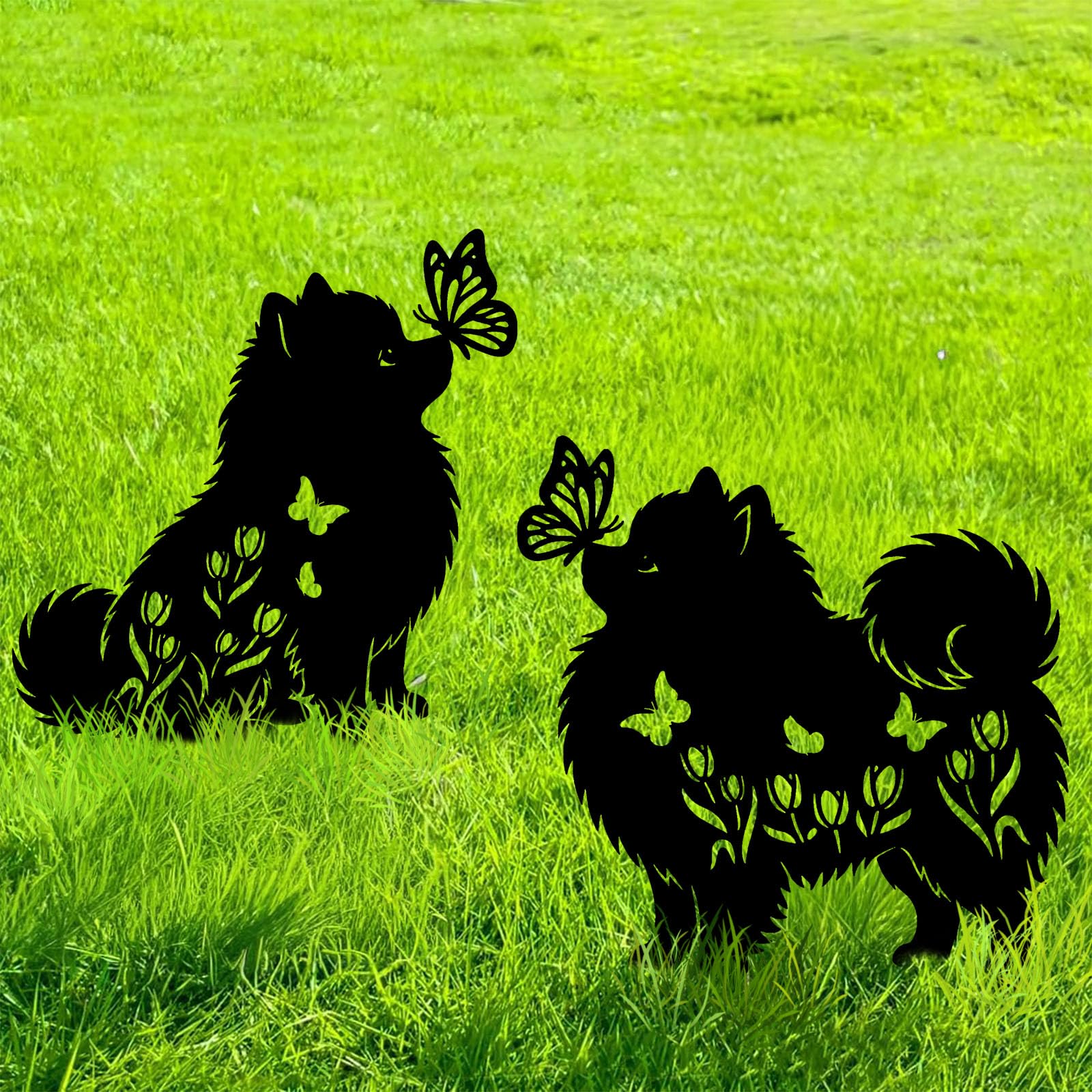 Pomeranian Metal Decorative Garden Stakes for Memorial Yard Art, Lawn Ornaments, Outdoor Decor 2 PCS