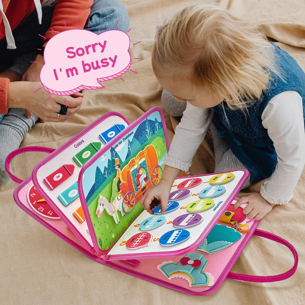 Freebear Deluxe Pink Princess Quiet Book Sensory Board for Toddlers 1-4, Montessori Educational Toys for Girls, Travel Toys with Activities