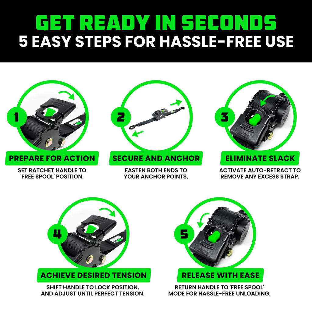 Rhino USA Retractable Ratchet Straps (2-Pack) - 1 Inch x 10 Feet (1,209lb Break Strength) - Auto Self Retracting Tie Down Straps for Truck, Cargo Trailer, Motorcycle, ATV, UTV - Black
